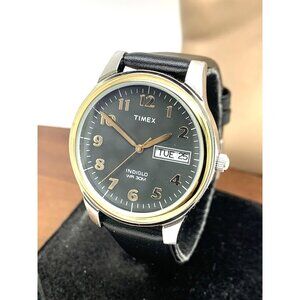 Timex Men's Watch T2N093 Quartz Indiglo Black Dial Day Date Leather Band 35mm